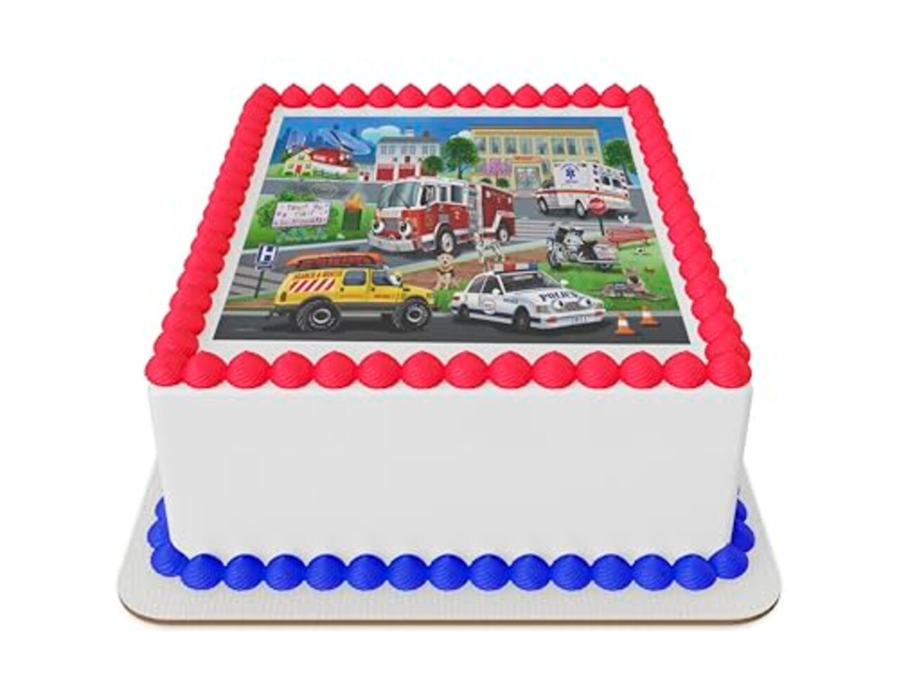 Emergency vehicles with dogs Edible Icing Sheet cake topper for 1/4 Sheet cake or larger